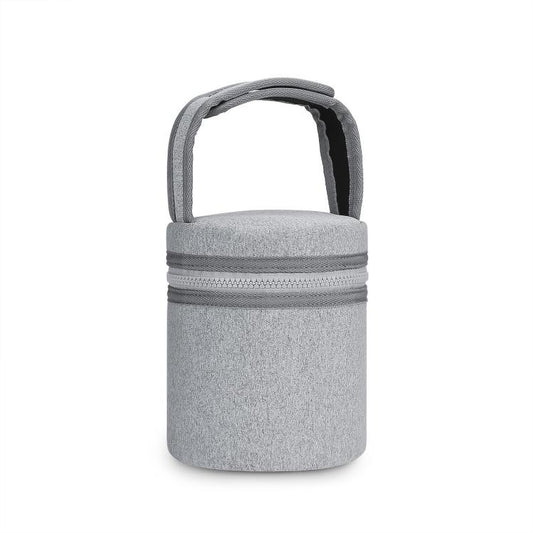 Light gray insulated baby bottle cooler bag with padded handle and zip closure.