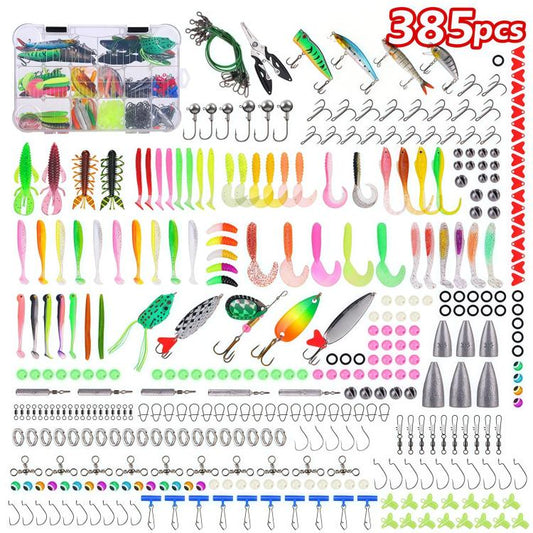 Fishing lure set, 385-piece multi-jointed crankbaits and hooks laid out