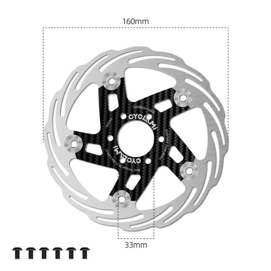 Carbon fiber center-lock disc brake rotor, 160mm, 6-bolt design with silver mounting bolts