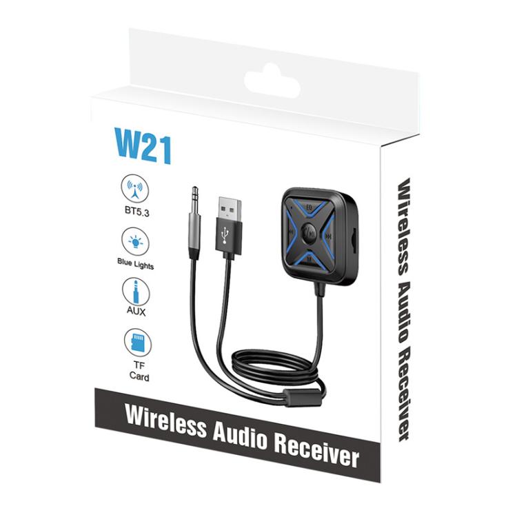 W21 Wireless Audio Receiver retail box with Bluetooth 5.3 and USB/Aux cables