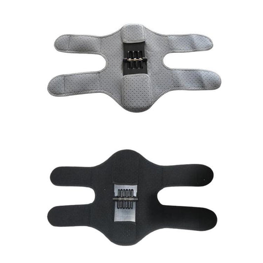 Two knee braces laid flat: gray and black with central patella support pad