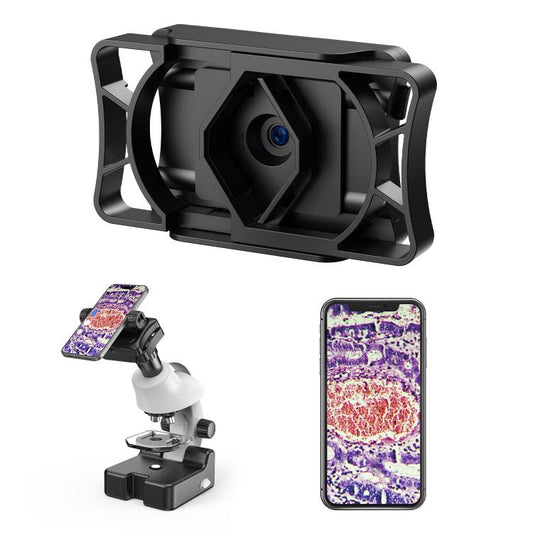 Black digital eyepiece camera adapter with built-in lens and mounting frame