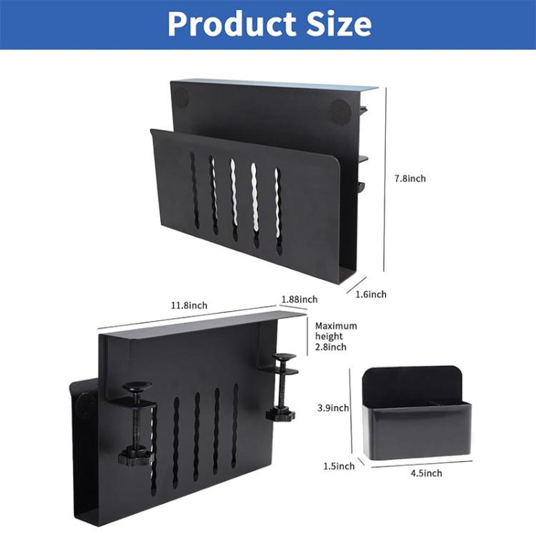 Black side desk storage rack size diagram with pen holder compartment