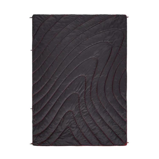 Camping thermal blanket mat in dark black, quilted wave pattern with corner loops