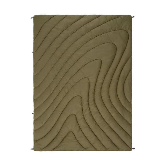 Camping thermal blanket mat in olive green, quilted wave pattern with corner loops