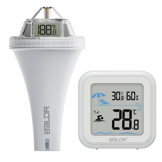 Floating pool thermometer with LCD display and indoor receiver screen, BALDR