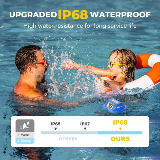 Waterproof floating thermometer with dual LCD display near swimmers in pool