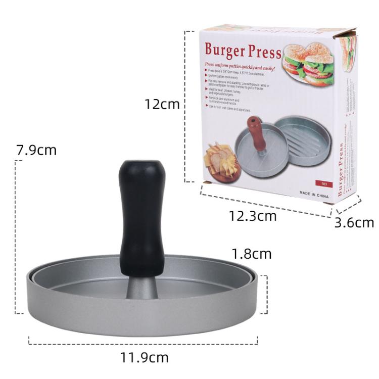 Hamburger patty mold press dimensions with black handle and gray base