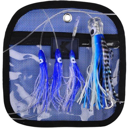 Soft squid skirt trolling lure rig with blue and white lead head lures, 4-hook set
