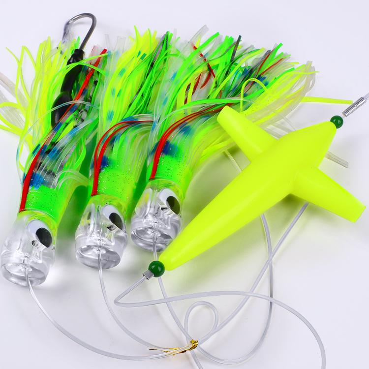 Saltwater trolling lure rig with neon green skirt, lime spreader, silver lead head hooks