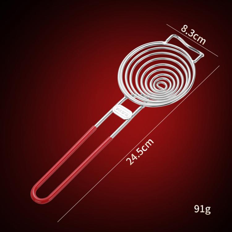 Stainless steel spiral egg white separator with red handle, showing compact size