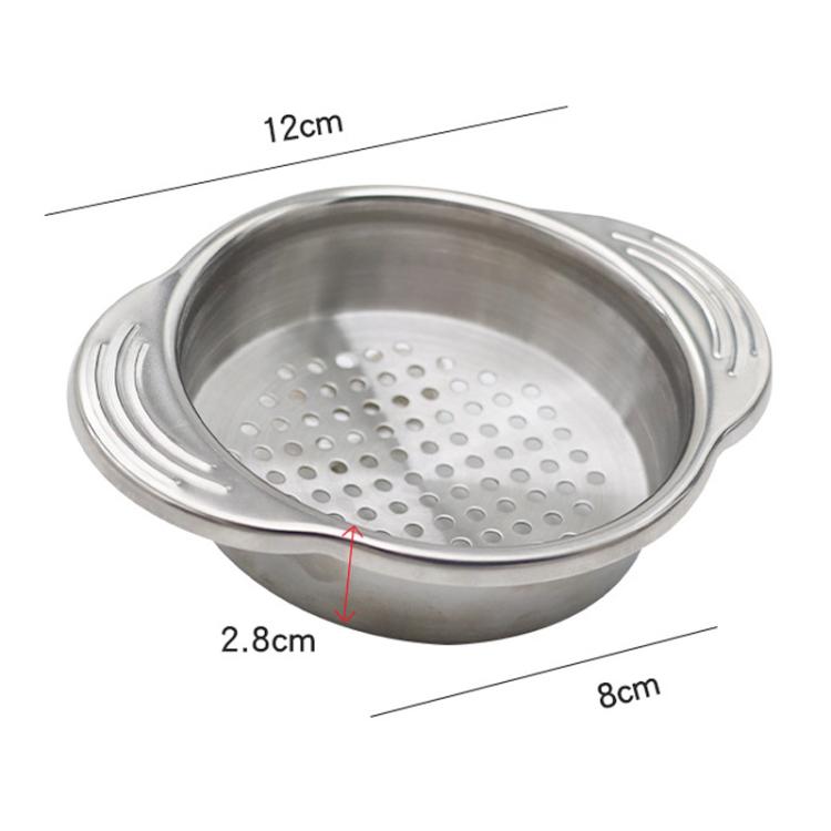 Stainless steel can strainer with 12cm diameter and 8cm length shown with size marks
