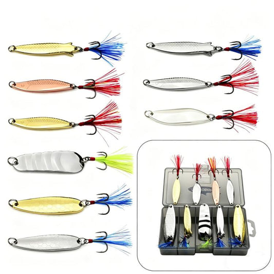 Assorted metal spoon fishing lures with treble hooks and colorful feather tails