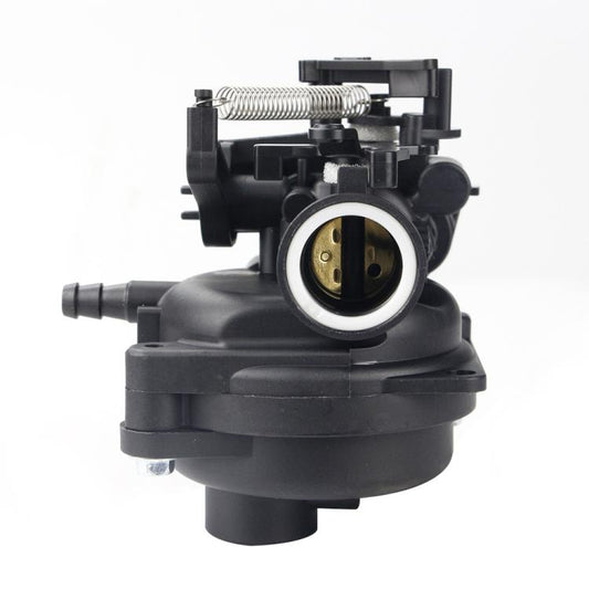 Lawn mower carburetor assembly with round air intake and brass throttle opening, black body