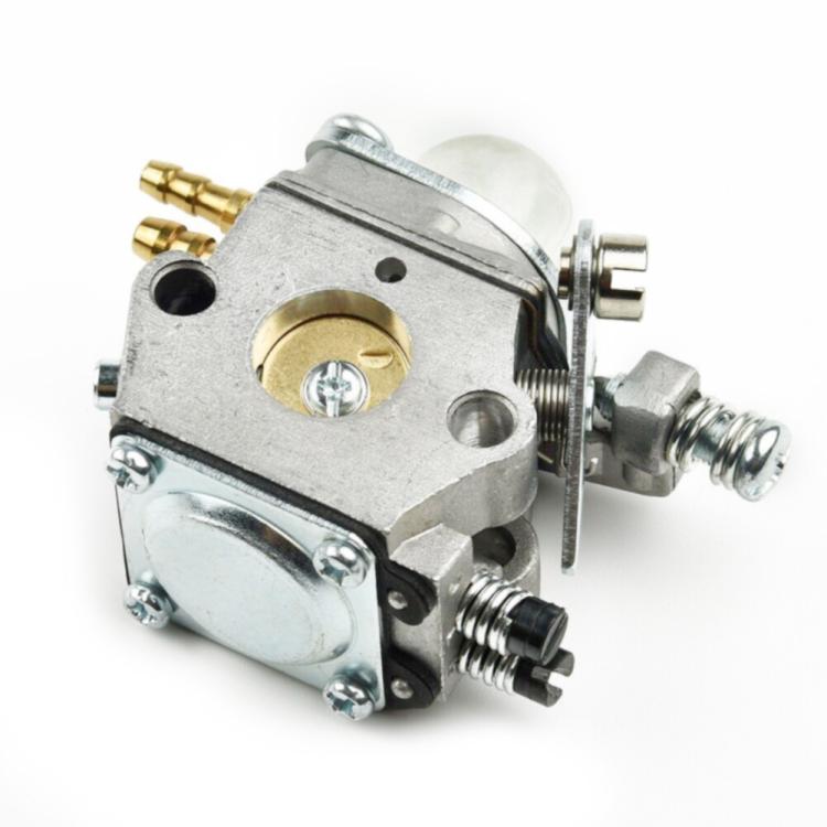 Metal carburetor with brass jets, clear dome, and choke/adjustment linkage.