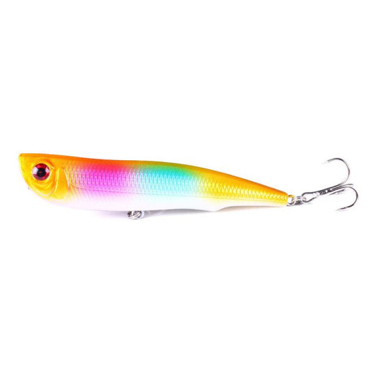 Colorful surface fishing lure with rainbow body, metal hooks and split rings.
