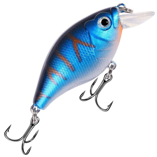 Blue hard fishing crankbait lure with clear lip, round eye, and two treble hook sets