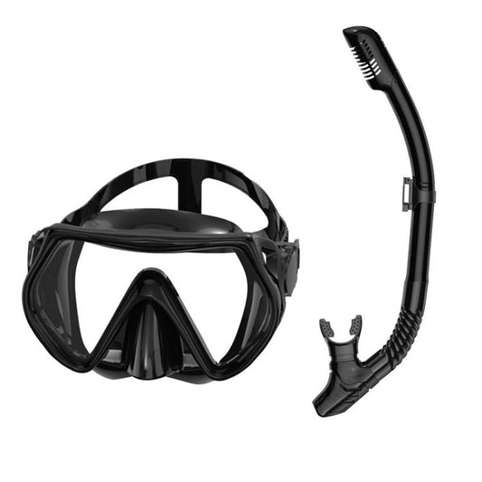 Black snorkeling mask and snorkel set with clear lens and flexible mouthpiece