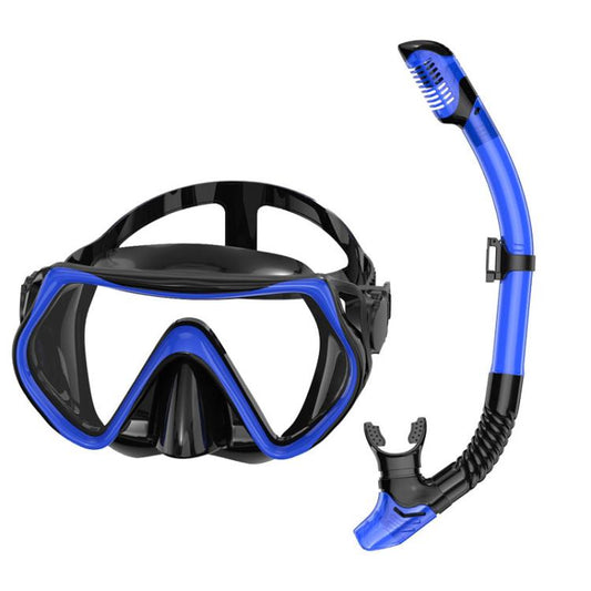 Blue snorkeling mask and snorkel set with clear lens and flexible mouthpiece