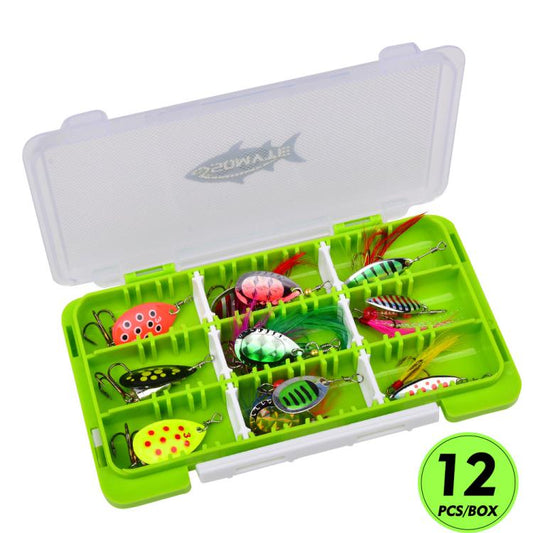 Spinnerbait lure set case with 12 rotating reflective sequin baits and feather treble hooks