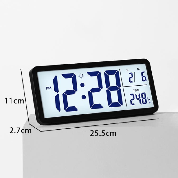Black LCD digital clock with blue time and temperature display, with dimensions
