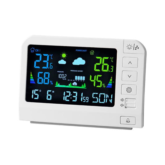 White wireless weather station with color LCD showing indoor temp and humidity