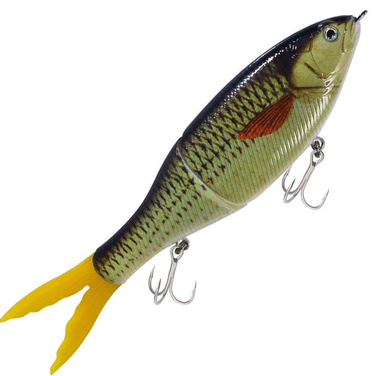 Green multi-segment sinking lure with yellow tail and twin treble hooks