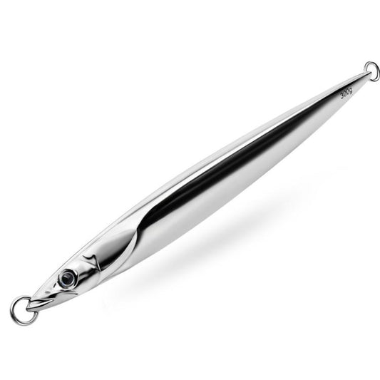 Mirror-finish metal fishing jig lure with split-ring hook and dark stripe along body.