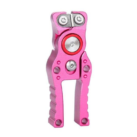 Fishing line cutter with pink handle and red circular cutting blade