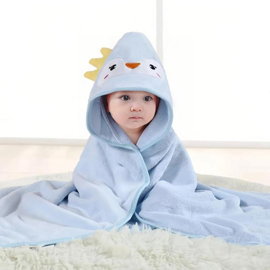 Light blue animal-hood baby swaddle towel with soft fleece cape, wrapped baby