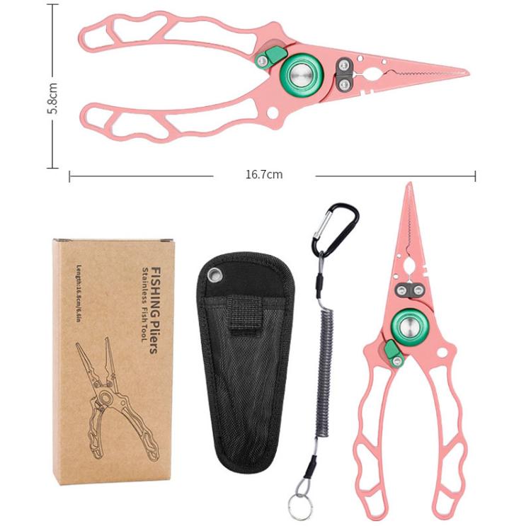 Pink fishing pliers with PE cutter and hook remover, plus black holster and spring lanyard.