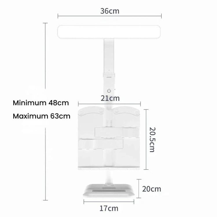 White adjustable bookshelf desk lamp with height range and size dimensions