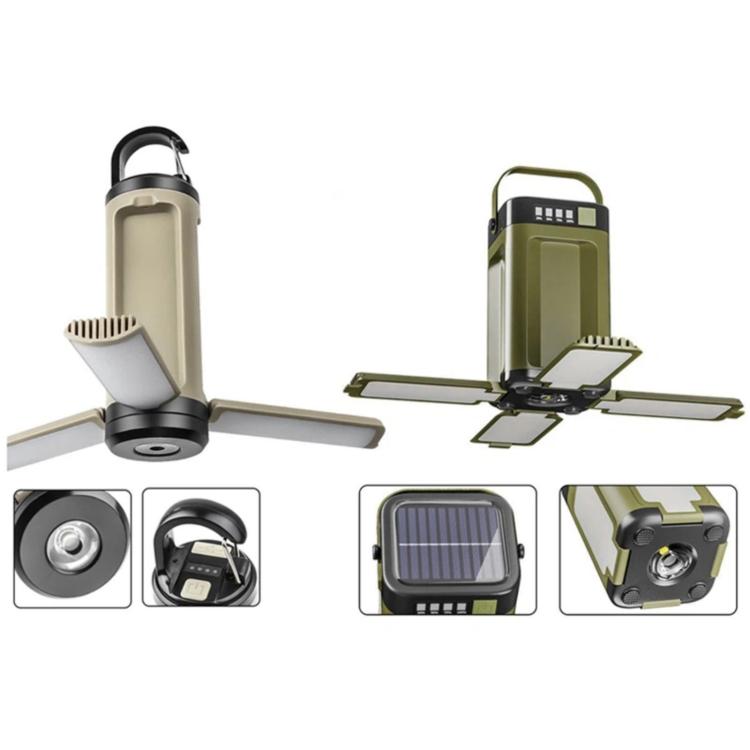 Foldable camping LED lantern with hanging hook, solar panel, green and beige