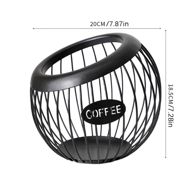 Black spherical coffee capsule storage rack with oval handle and “COFFEE” tag