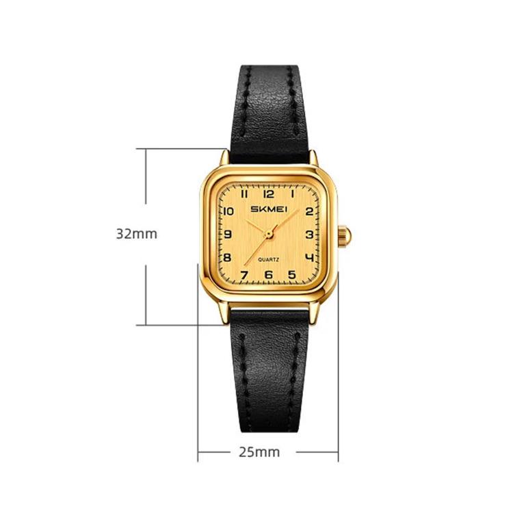 SKMEI square ladies quartz watch with gold-tone case, yellow dial, and black leather strap