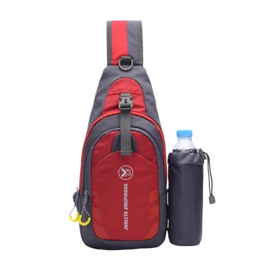 Red waterproof nylon chest sling bag with front pocket and side bottle pocket