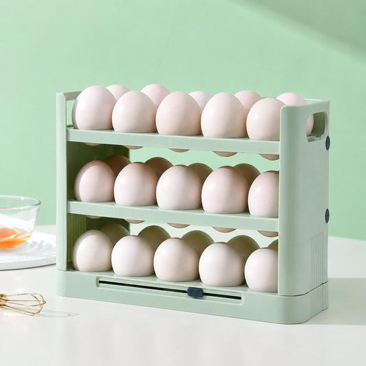 Green 3-tier flip-up egg storage rack holding eggs with side handle