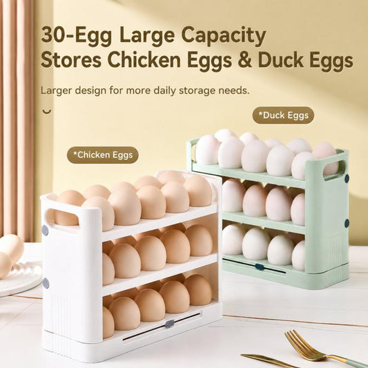 3-tier egg holder storage rack with eggs and flip-up side door, shown open