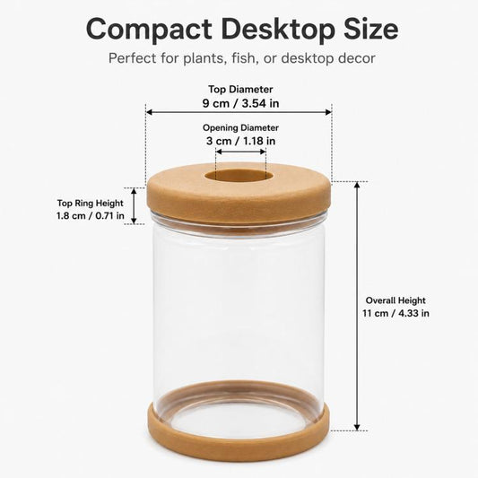 Clear self-watering planter jar size diagram with tan lid and base measurements