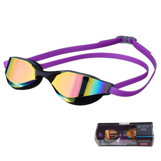 Purple swim racing goggles with reflective rainbow lenses and contoured face seal