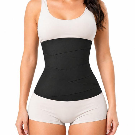 Black tummy control waist wrap belt with wide elastic panel and contoured shape.