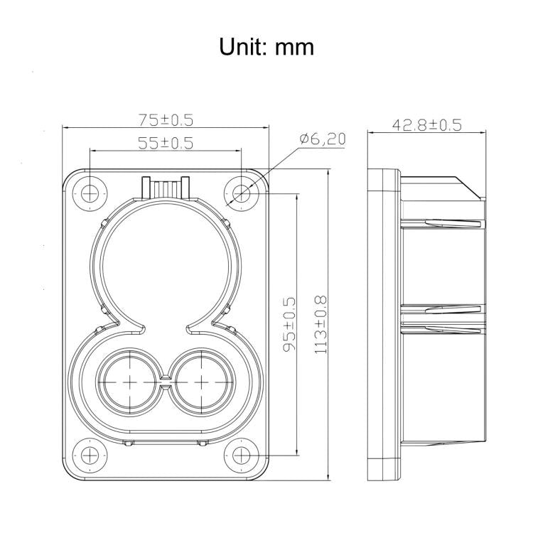 CCS1 DC EV charging connector mount bracket technical dimensions in mm