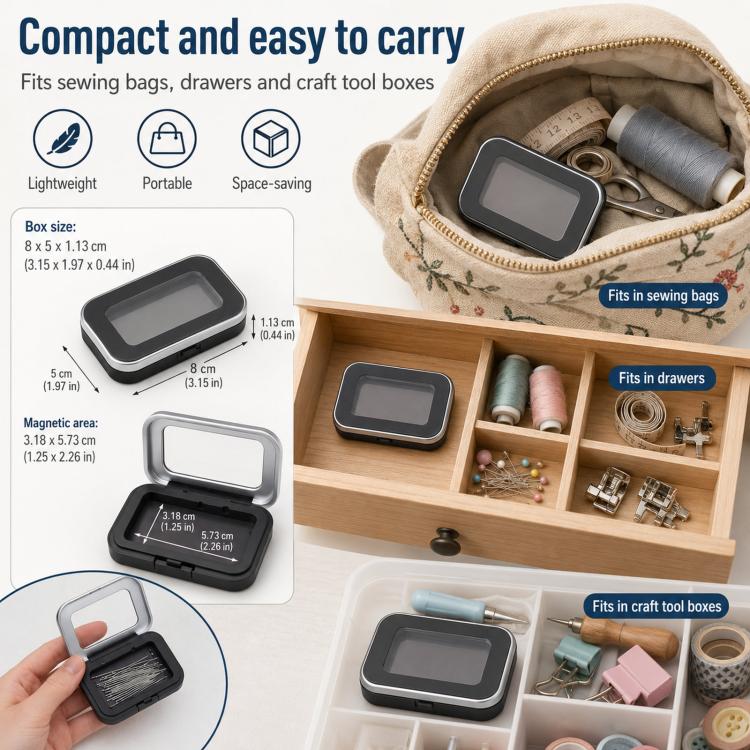 Magnetic needle storage box with clear lid, compact carry size with lid and base