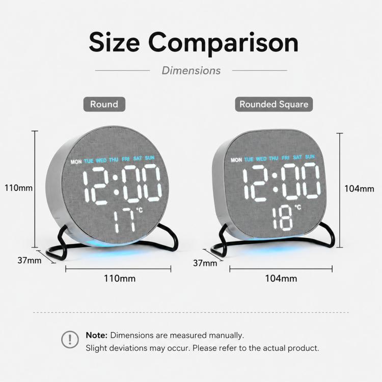 Size comparison of round and rounded-square LED desk clocks showing dimensions and displays