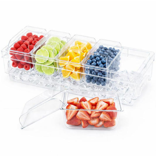 Five-compartment clear freezer tray with removable lids, filled with fruit and ice