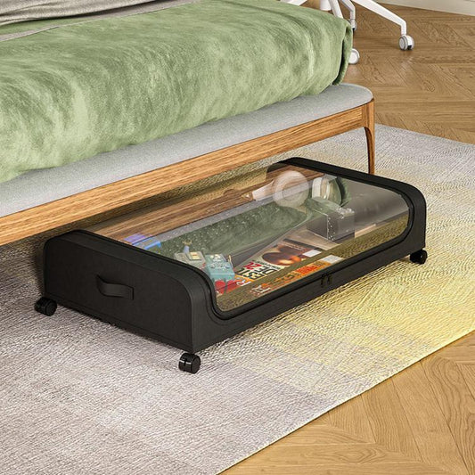 Black underbed storage container with clear sliding lid and rolling wheels