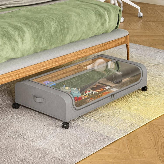 Gray underbed storage container with clear lid and rolling wheels