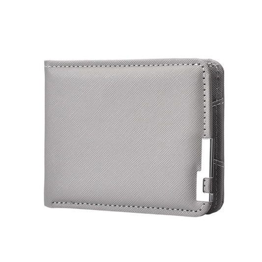 Grey slim bifold wallet with textured finish and metal money clip closure