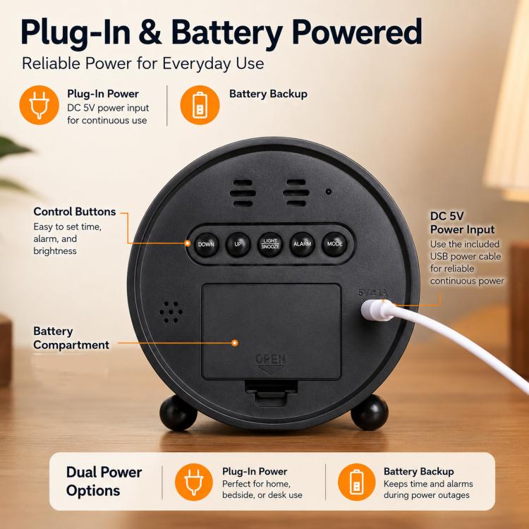 Circular LED alarm clock back view, control buttons, DC 5V input, and battery compartment