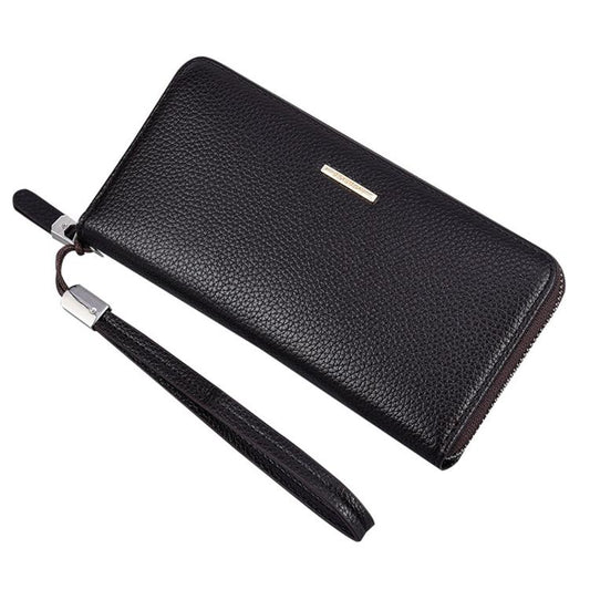 Black long zipper billfold wallet with wrist strap and textured leather finish